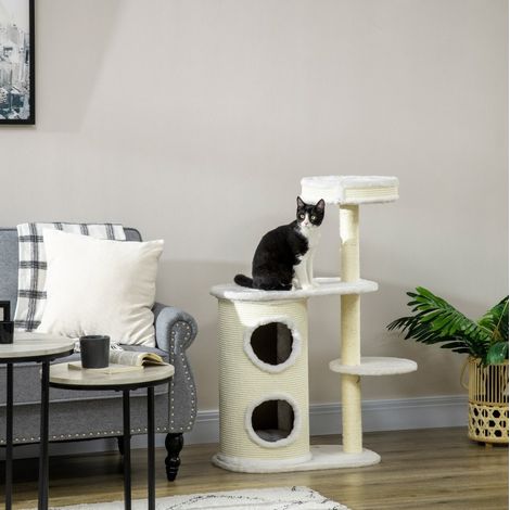 Arbre à chat avec tonneau griffoir 59x35x100 cm en panneaux de bois blanc, gain de place – MEUBLIV (1/5)