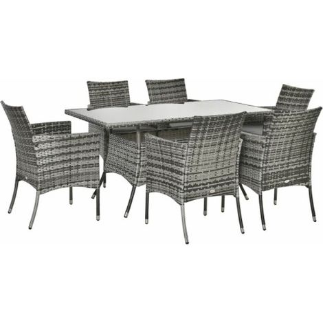 6-Seater Rattan Dining Set Garden Furniture Patio Rectangular Table Cube Chairs Outdoor Fire Retardant Sponge Grey