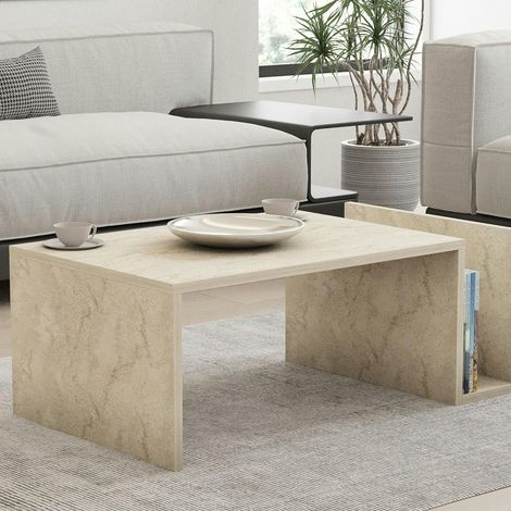 Pier Import – Table basse fixe moderne effet travertin – Dimensions 87x50x32 cm – Bois MDF mélaminé – Avec porte-revues intégré (1/5)