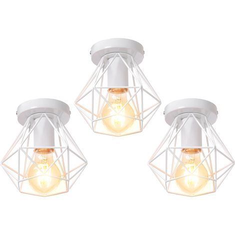 3 Pack Plafonnier Industriel Cage Métal Forme Diamant Lustre Suspension Luminaire Salon Couloir Blanc
