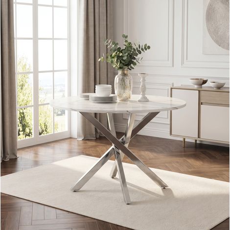 Tavolo da pranzo rotondo 80x80x75 cm, piano effetto marmo, gambe cromate argento, MDF bianco argento (1/5)
