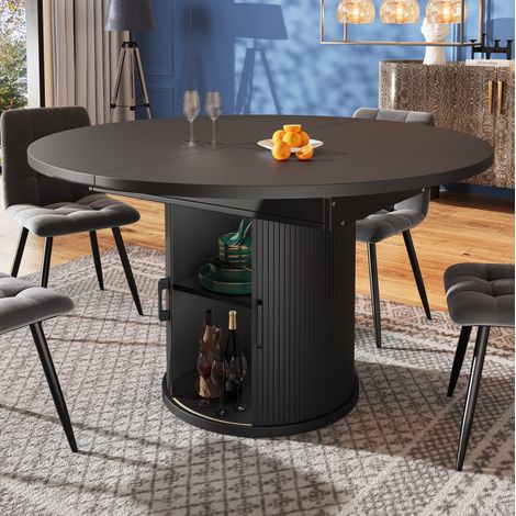MEUBLIV Mesa de comedor extensible 118x118 cm negra - tablero redondo, almacenaje integrado (1/5)