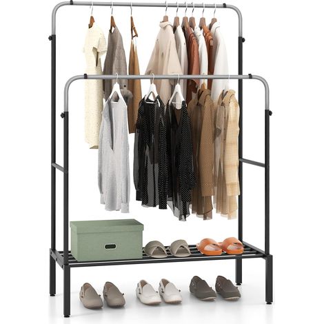 GOPLUS Portant à Vêtements en Métal 108x50CM-Réglable en Hauteur-2 Tringles/Étagère à Chaussures/Clips Antidérapants Noir (1/5)