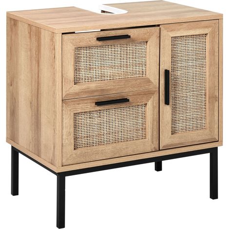 Beliani – Meuble sous vasque simple 60 x 40 x 60 cm – Façade tressée en rotin – Bois d'ingénierie – 2 tiroirs et 1 porte de rangement