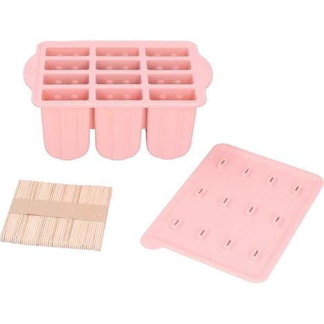 Moules à glace en silicone à 12 compartiments, bac à glace, moule avec couvercle et 50 bâtonnets, rose (1/4)
