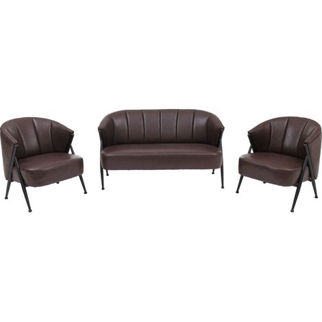 [NEUWERTIG] Wohnzimmer-Set HHG-688, 2er-Sofa 2x Sessel, Vintage Retro Industrial Metall Kunstleder dunkelbraun