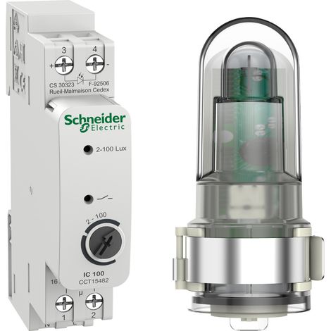 Schneider Electric – Interrupteur crépusculaire avec cellule étanche pour extérieur – Temporisation 20s marche, 80s arrêt – 16A contact sec – Acti 9 IC100