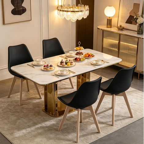 Set di 4 sedie girevoli da pranzo, schienale ergonomico, seduta confortevole, pelle sintetica nera, legno massello (1/5)