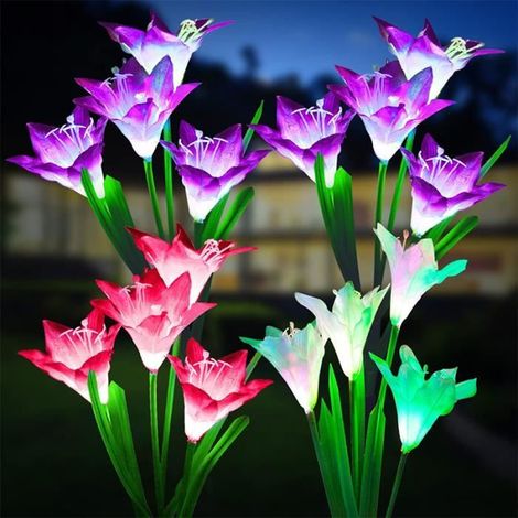 Lot de 4 lampes solaires jardin, lys décoratifs avec couleurs changeantes, éclairage extérieur automatique pour allée et terrasse
