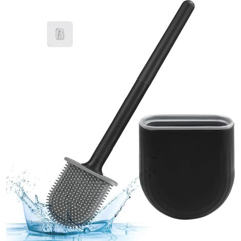 Brosse de Toilette, Brosse WC et Support en Silicone, Brosse Toilettes WC Nettoyante en Profondeur, Brosse de Toilette en Silicone avec Support à séchage Rapide, Mural Monté-Noire (1/5)