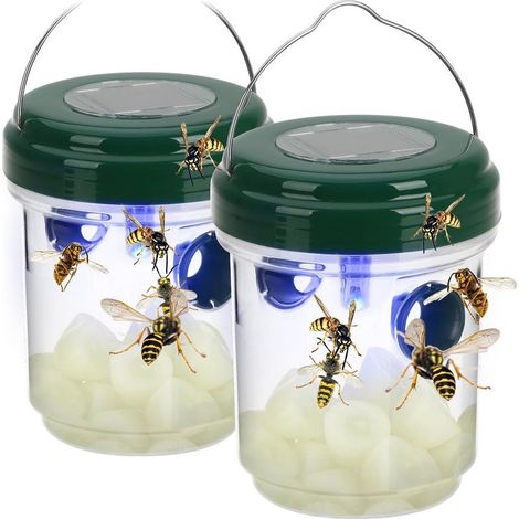 Piège solaire 2 en 1 contre les moustiques et les guêpes, avec capteur crépusculaire et lumière LED bleue. Répulsif anti-insectes (lot de 2, vert, à énergie solaire). (1/5)