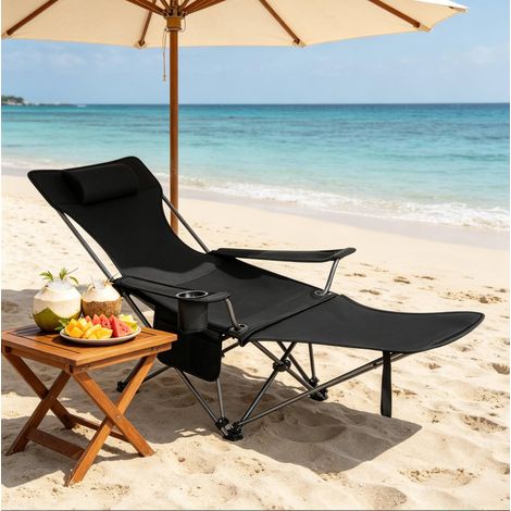 Silla camping plegable reclinable negra con reposapiés HAVRYA (1/5)