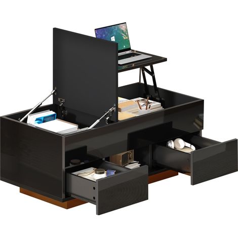Table basse relevable 100 x 45 x 43 cm avec éclairage led, 2 tiroirs et rangement caché, plateau brillant au design moderne, stratifié, noir (1/5)
