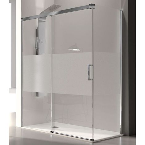 Mampara de ducha frontal + Puerta Corredera 135  cm GLASÉ perfil Cromado con Cristal serigrafiado Pared lateral: 66 - 69 cm