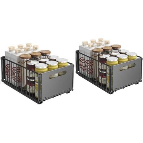 Lot de 2 tiroirs coulissants en acier carbone - Rangement sous évier grand capacité pour cuisine, salle de bain ou plan de travail - Installation sans perçage - Noir, grand format (black large 2pcs) (1/5)