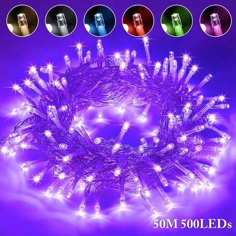 1 Guirlande Lumineuse,50M 500LED,Violet,8 Modes,IP44 Étanche,Câble Transparent,Noël Mariage Jardin