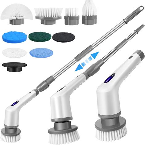 Brosse de nettoyage rotative électrique, brosse de nettoyage sans fil étanche, 9 têtes de nettoyage remplaçables, avec poignée amovible, gris à 2 vitesses