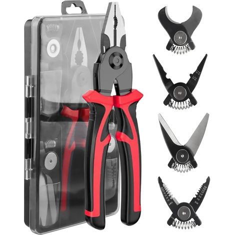 Ce kit d'outils multifonctions 5 en 1 comprend une pince coupante, une pince à dénuder, une pince à sertir et une pince à ciseaux interchangeable, le tout dans un étui de rangement.-AquaForge