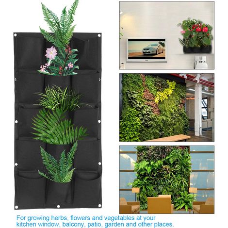 Sac de plantation pour jardin, balcon ou mur, jardinière suspendue verticale, couleur noire, 15 poches (1/5)