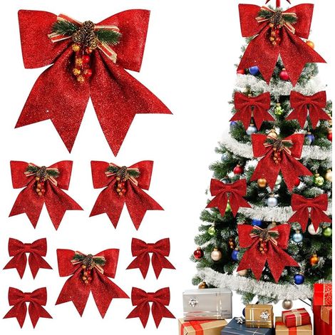Set mit 8 Glitzerschleifen für Weihnachtsbaum, Weihnachtskranz, Hochzeitsgeschenk, Partydekoration (1/5)