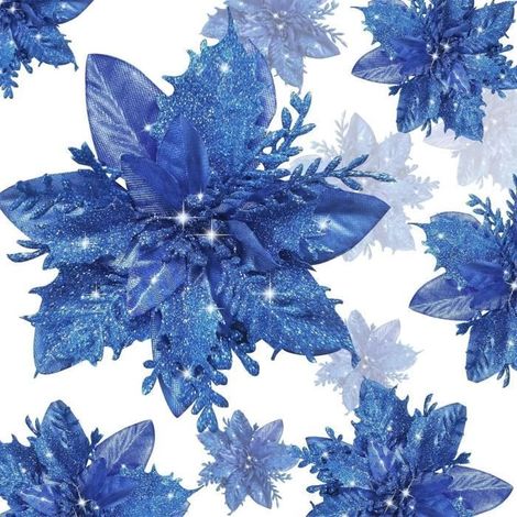 Fleurs Artificielles - Décoration Noël - 20PCS - Poinsettia Scintillant - Bleu - Durable et Non Toxique (1/4)