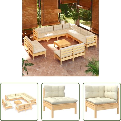 Terrassensofa - 12-tlg. Garten-Lounge-Set mit Creme Kissen Massivholz Kiefer (1/5)