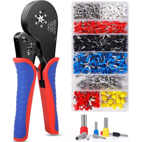 Jeu de Pince Sertir Cosse, 8 types 0,08-16 mm² Jeu d'embouts avec 1200 Connexions, pince à Sertir Hexagonale à Réglage Automatique, Pince à Sertir, Pince Sertir Cosse, jeu d'outils électriques