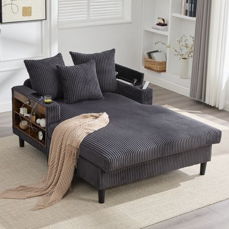 Chaiselongue 170x129x70 cm dunkelgrau Cord mit LED, USB, Stauraum und beidseitigen Becherhaltern (1/5)