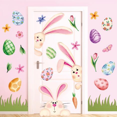 Autocollants de porte de Pâques :Lapins à l'aquarelle et fleurs colorées—Décorations murales pour fête printanière(Lot de 2 planches (1/5)