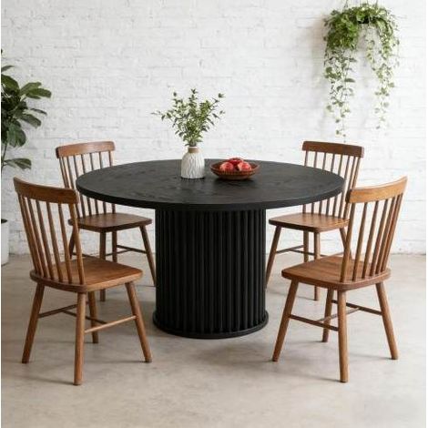 REDOM - Table à manger ronde 120x120x75 cm - usage polyvalent - base métallique - bois noir - pour 6 personnes (1/5)