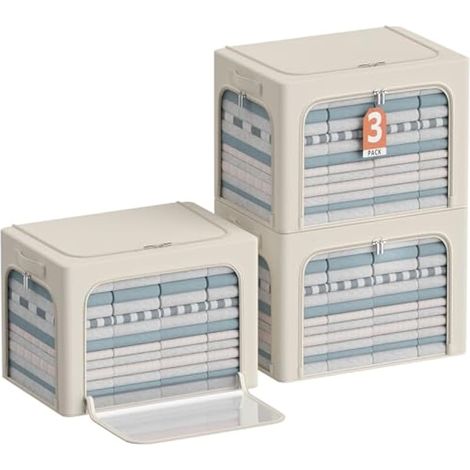 Lot de 3 bacs de rangement pour vêtements – Boîte de rangement pliable et empilable avec 3 ouvertures, cadre en métal, fenêtre transparente, poignées de transport (beige, 100 L - 60 x 41,9 x 40 cm) (1/5)