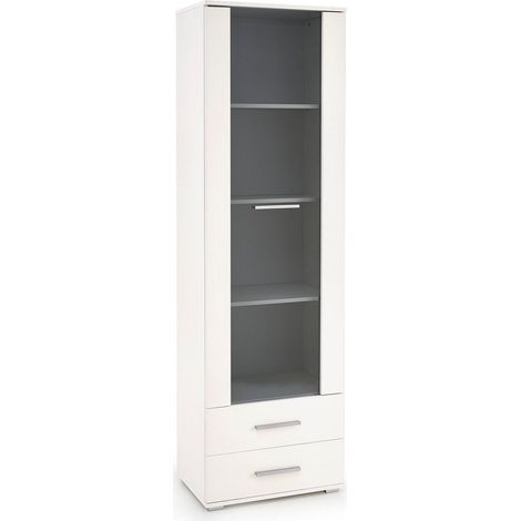 Estantería Cirveso 116, Blanco + Blanco brillante, Cerrable, Con cajones, Con puertas, Aglomerado laminado, Vidrio templado, Número de puertas: 1, Número de cajones: 2, 200x60x40cm