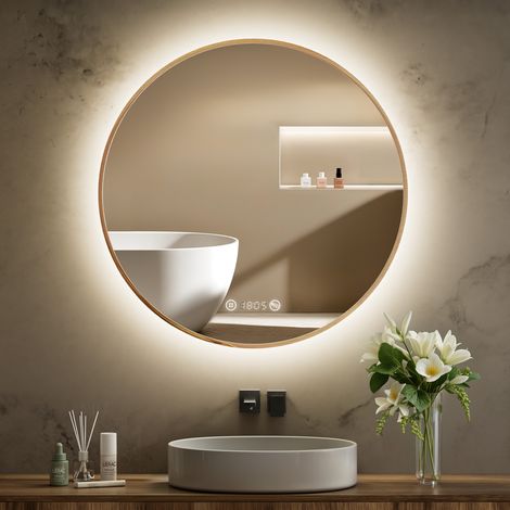 S'AFIELINA Runder Badspiegel LED Badezimmerspiegel mit Beleuchtung,Wandspiegel mit TouchSchalter und Beschlagfrei Taste Neutralweißes Licht,Digitaluhr,IP44 Goldener Metallrahmen 60 cm (1/5)