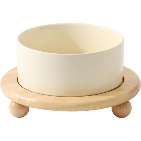 850 ml - 20,5 x 10,5 cm - Blanc cassé - Grand bol en céramique pour nourriture/eau - Bol simple avec support en métal orné de perles rondes (1/5)