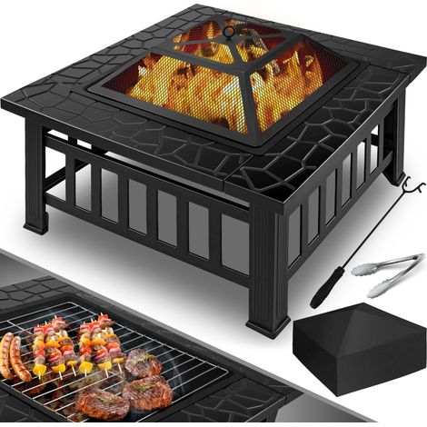 KESSER® Fire Pit con griglia e pinze per grigliare Ciotola da fuoco 82x82x50cm 3in1 Multifunctional Fire Pit for Heating/BBQ Grill Garden Terrace Black (Square)