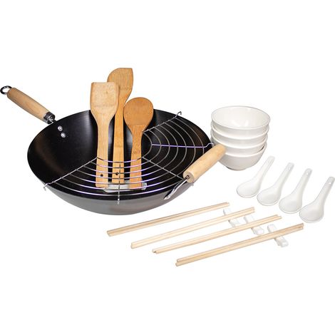 Set wok 21 piezas acero carbono 35 cm