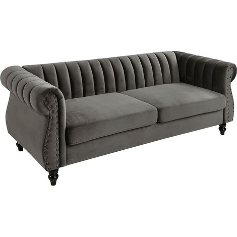 Vente-Unique – Canapé chesterfield 3 places en velours gris – Structure bois, mousse polyuréthane – Déhoussable, finitions cloutées – Longueur 195 cm