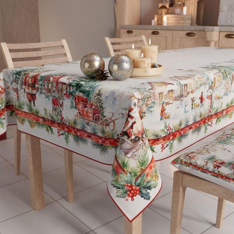 Nappe de Noël Anti-Taches Rectangulaire Couvre-Table pour Cuisine, Motif Santas Land X14 Places (140 x 300 cm) 100% fabriquée en Italie (1/5)