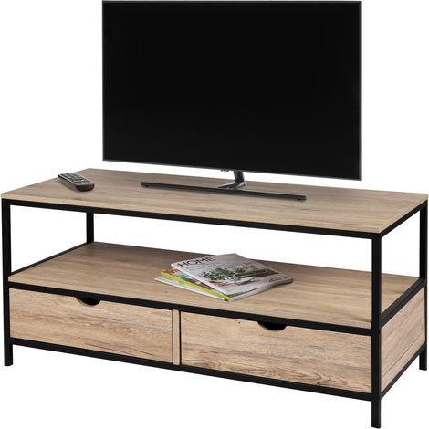 TV-Möbel im klassischen Stil mit 2 Schubladen, Kollektion RANONG – Farbe helles Eichenholz & Schwarz, Maße 120x39xH57 cm