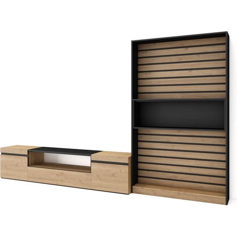 Skraut Home - Mobile Soggiorno TV, Parete Attrezzata Soggiorno, 310x186x35cm, Per TV fino a 80", Set di mobili, Stile moderno, Rovere e nero (1/5)