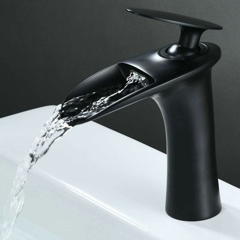 Robinet de salle de bain de robinet de mélange de bassin chaud et froid robinet en laiton à vis unique finition noire(Sans tuyau) (1/5)