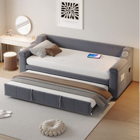 Letto imbottito 90x190 cm grigio in velluto, divano letto con Bluetooth e USB (1/5)