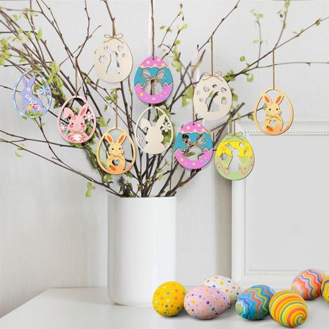 Oeufs En Bois - Lapin De Pâques Décoratif Suspendu - Pour Décoration De Fête De Printemps - Lot De 6 (1/5)