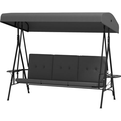 Balancelle jardin 3 places inclinaison toit réglable 2 tablettes latérales coussins acier polyester (1/5)