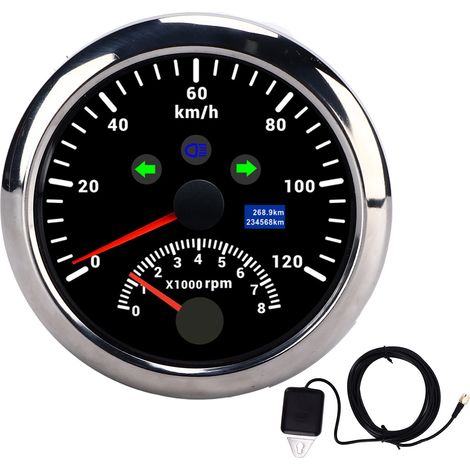Compteur de vitesse GPS 85 mm 120 km/h, tachymètre 0-8000 tr/min, écran LCD rétroéclairé rouge, pour voiture, bateau, yacht, camping-car, camion, noir (1/5)