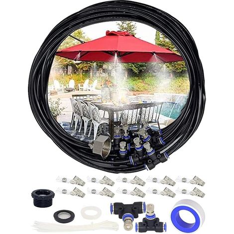 Kit de Refroidissement de Pulvérisation de 18M, Système de Brumisation D'extérieur Avec 19 Buses en Laiton, Refroidissement par Brouillard pour Jardin, Serre, Parasol (1/5)