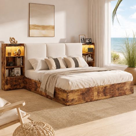 Lit coffre 180 x 200 cm avec tête de lit rembourrée, LED et 6 rangements HAVRYA (1/5)