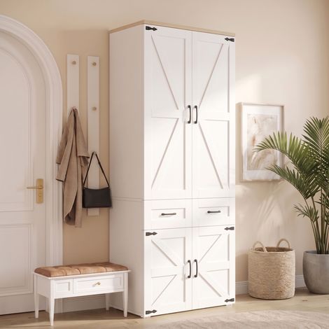 MODFU – Armario 90x50x200 cm con 4 puertas abatibles, 2 barras para colgar y 5 cajones, estructura de MDF – Blanco (1/5)