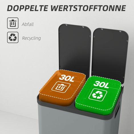 Poubelle double compartiment 2 x 30 L, anti-empreintes digitales, à pédale, bacs internes amovibles, grise (1/4)