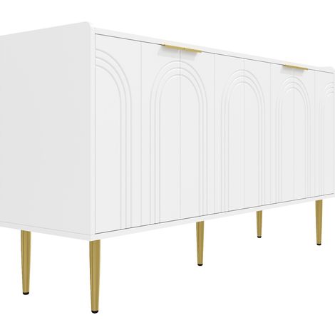 Credenza moderna bianca in MDF con 4 ante e piedini in metallo dorato 140 x 38 x 75 cm (1/5)